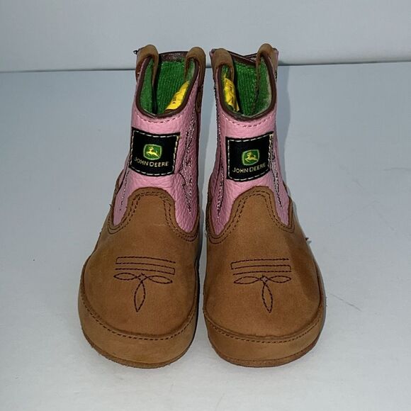 John Deere Infant Baby Girl Cowgirl Boots Pink Tan Leather Size 4 Soft Sole Grip - Picture 2 of 13